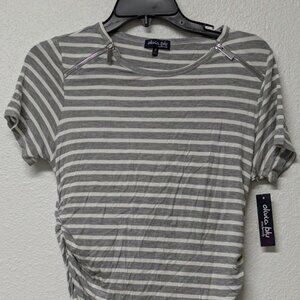 Olivia Blu Heather Gray and Ivory Stripe Ruched Zip-Accent Maternity Blouse - M